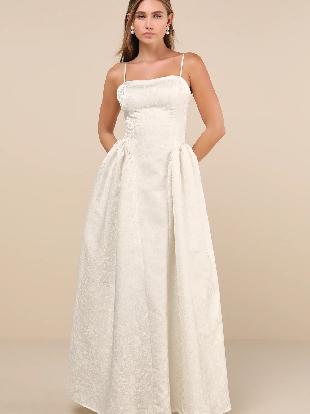 Lulu's Ivory Jacquard Spaghetti-Strap Bridal Gown